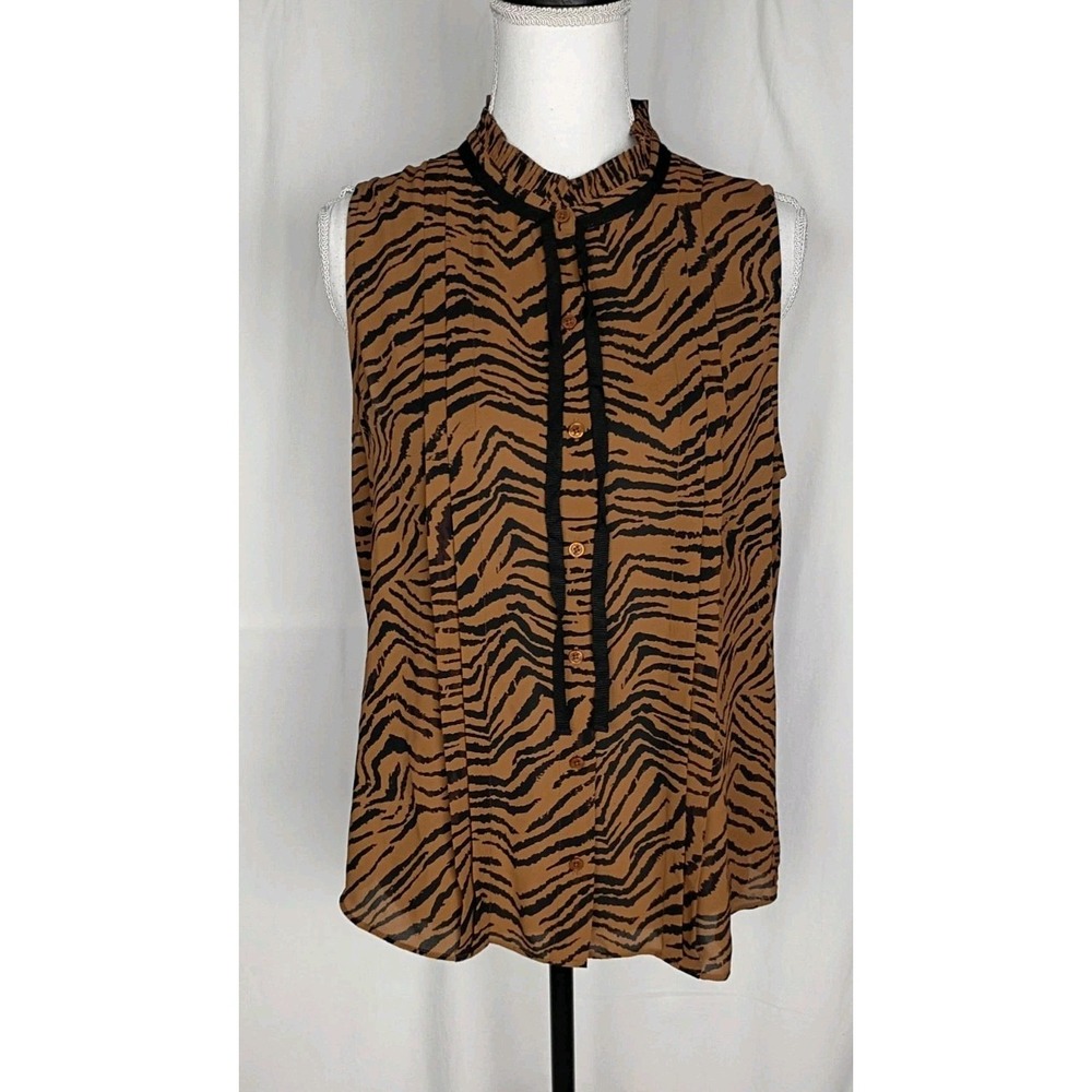 White House Black Market Sleeveless Tiger Print Ruffled Blouse Top Sz M Brown Ne
